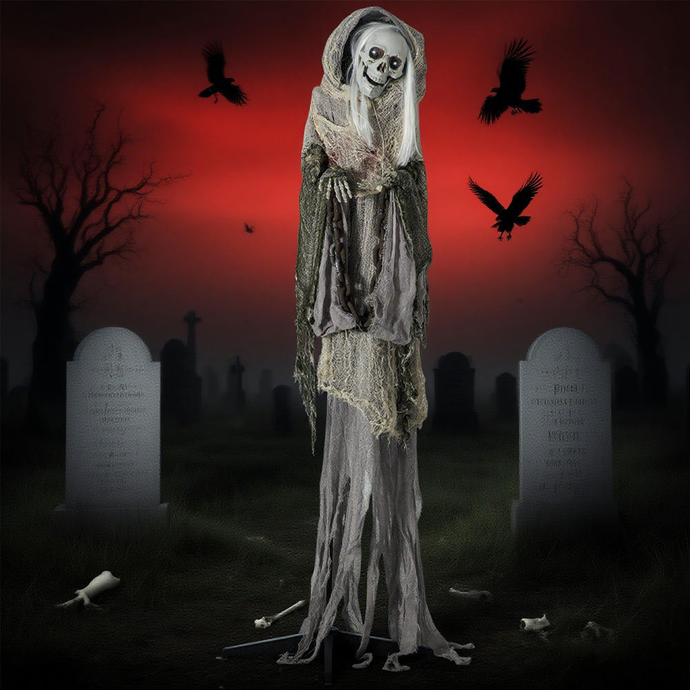 74inch Life Size Outdoor Halloween Decorations Skeleton Witch, Sound And Motion Activated Animated Prop Animatronic Decor With Light Up Eyes, Spooky Sound EX-STOCK