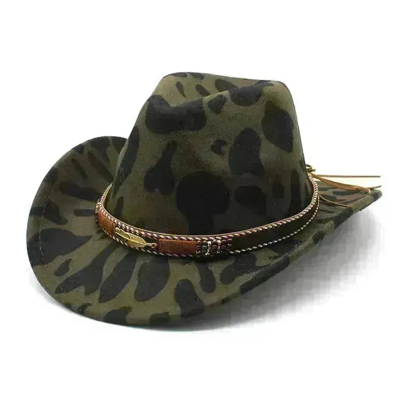 Cappello da cowboy mimetico in stile occidentale Modello di mucca in feltro grande brim largo cappello a cilindro in denim camuffage cowborl cappello da cowgirl
