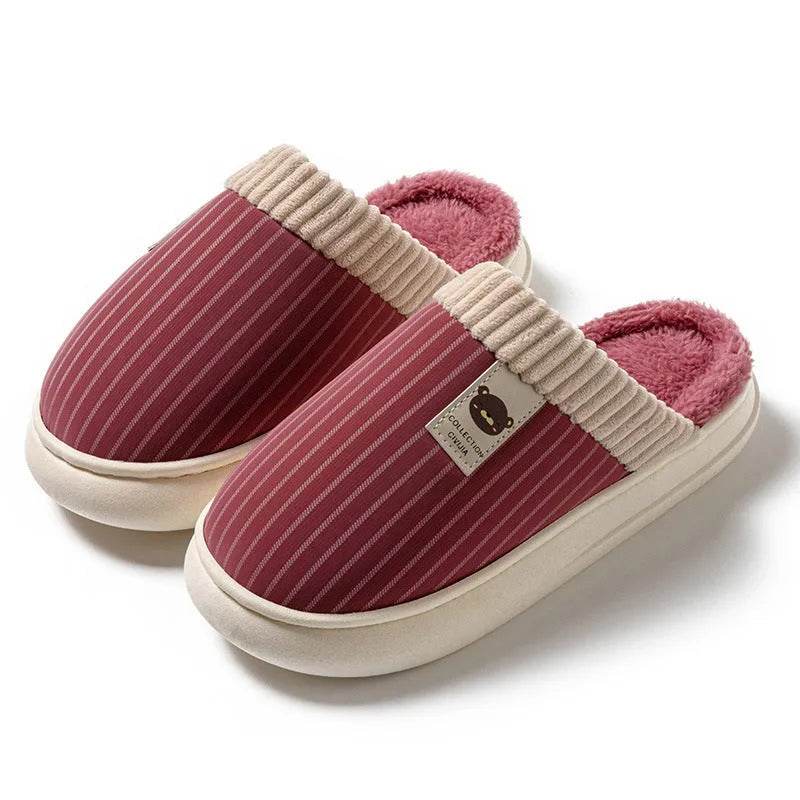 Solid Striped Plush Slippers Winter Warm Bear Fleece Shoes House Indoor Bedroom Floor Thick-soled Home Slipper For Women Men Couple - EX-STOCK Canada