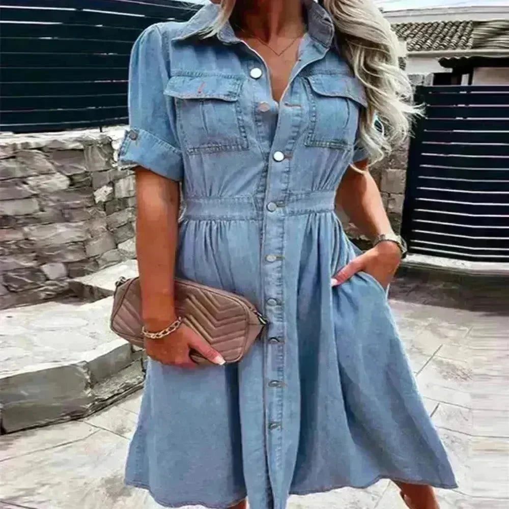 Women's Lapel Breasted Slim-fit Slimming Temperament Blue Denim Midi Skater Dress - EX-STOCK CANADA