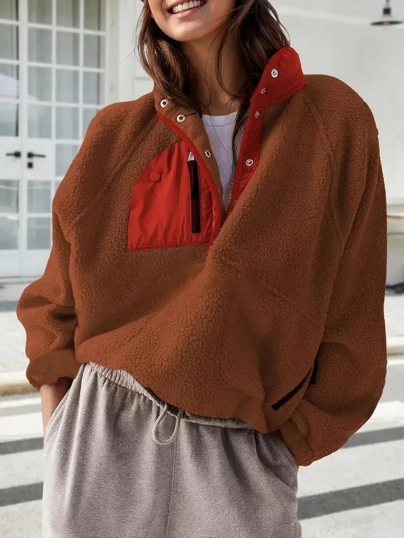 Women's Fashion Sweatshirt Fleece Stand Collar Zipper Pocket Top EX-STOCK Canada