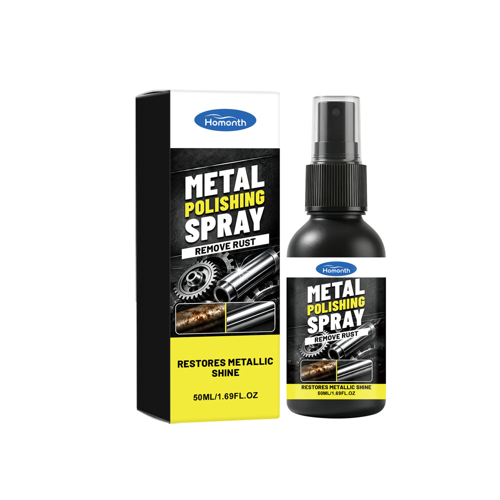 Homonth Metal Polishing Spray bottle and its retail box, featuring a black and yellow design with product imagery, set against a plain white background.