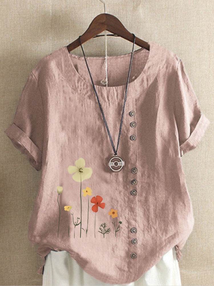 Casual Summer Beach Cotton And Linen Printed Elegant Short Sleeve blouse Top Women - EX-STOCK Canada