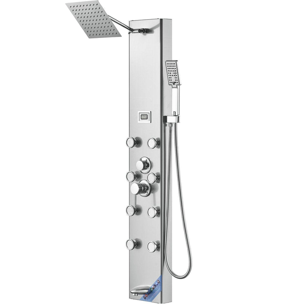 Shower Panel System, 5 Shower Modes, Digital Display Shower Panel Tower, Rainfall, 8 Massage Jets, Tub Spout, 3-Setting Handheld Shower Head 59 Hose, Stainless Steel Wall-Mounted Shower Set - EX-STOCK Canada