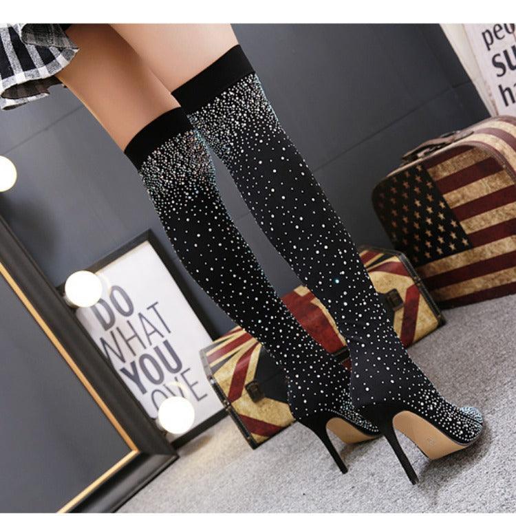 Bottes cuissardes à talons aiguilles pour femmes – Bout pointu, chaussette en mesh scintillant, talons très hauts