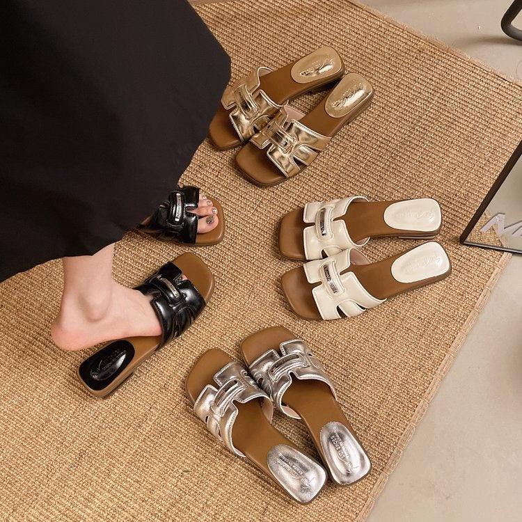Women's Flat Block Heel Slides, 2026 Summer Outdoor Fashion Woven Slides, Versatile Elegant One-Strap Slippers