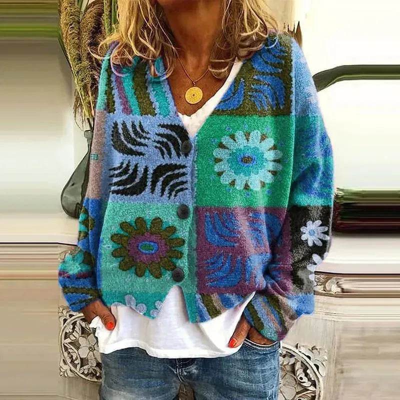 New Christmas Abstract Flowers Printing Sweater Fashion Casual Short Cardigan Coat Womens Clothing - EX-STOCK Canada
