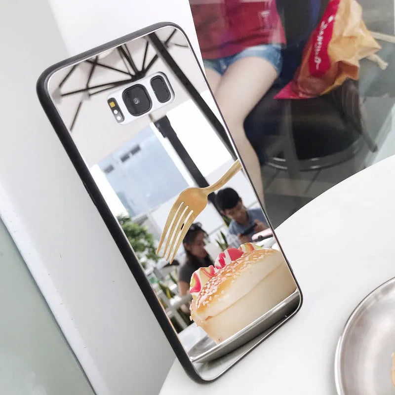 علبة الهاتف المرآة الزجاجية المقسى لمرآة مكياج Samsung للنساء