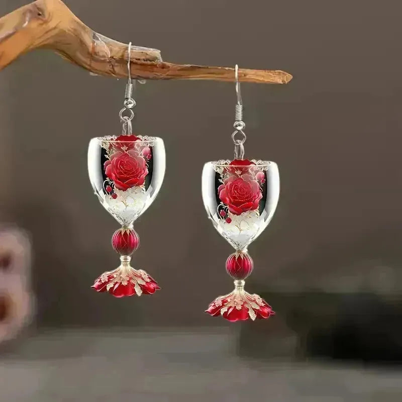 Boucles d'oreilles en verre à vin rose de la Saint-Valentin