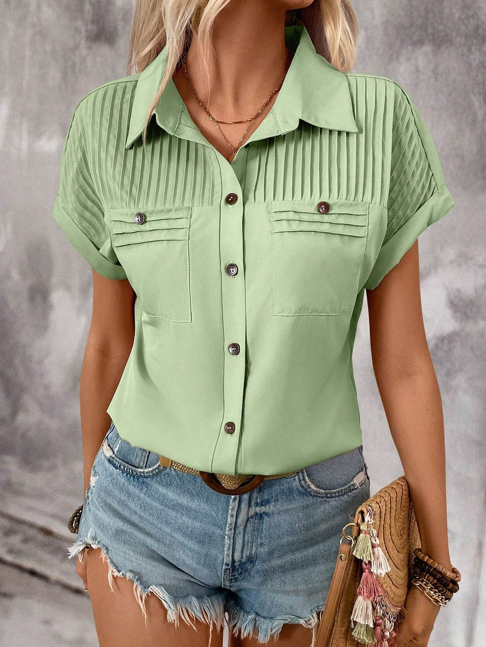 Lapel Shoulder Pleated Pocket Short Sleeve Top Shirt T-shirt Women - EX-STOCK Canada