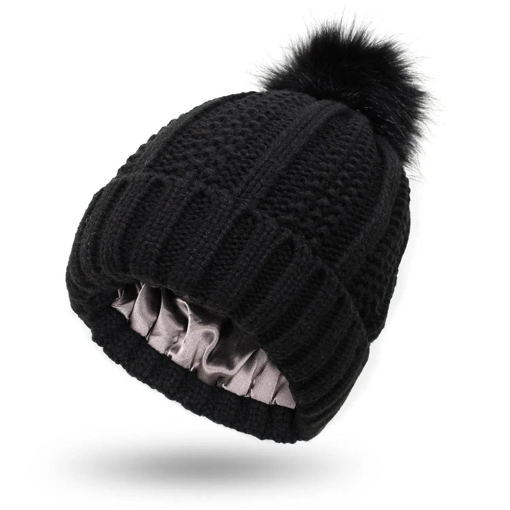 Stretchy Satin Lined Skull Knit Faux Fur Pom Pom Beanie Hat - EX-STOCK Canada
