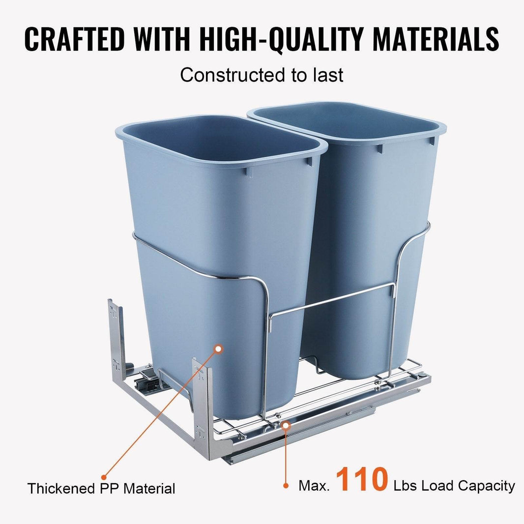 Pull-Out Trash Can, 35Lx2 Double Bins, Under Mount Kitchen Waste Container With Slide And Door Mounting Kit, 110 Lbs Load Capacity Heavy Duty Garbage Recycling Bin For Kitchen Cabinet, Sink - EX-STOCK Canada