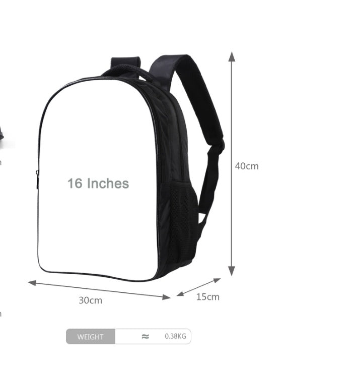 Black backpack with measurements on a white background