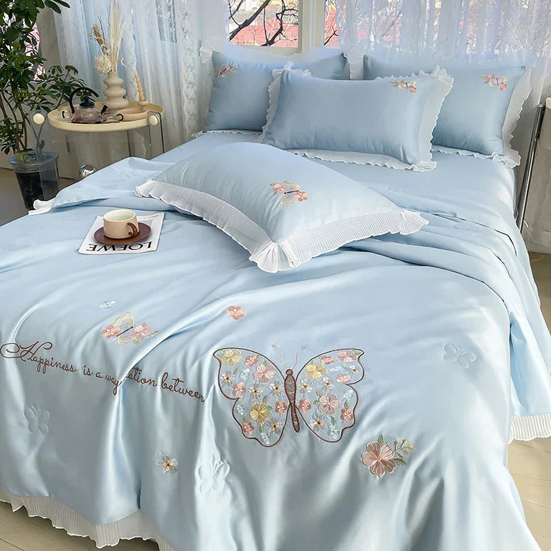 Korean Ice Silk Summer Quilt Four-piece Set Embroidery Lace Air Conditioning Cool Feeling Thin Duvet EX-STOCK Canada