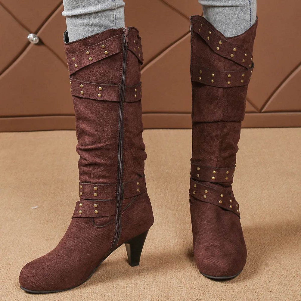 Fashion High Heel Boots With Cross-strap Rivet Design Retro V-cut Western Cowboy Boot Casual Zipper Shoes For Women - EX-STOCK Canada