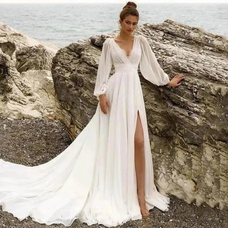 Beach Boho Wedding Dress Puff Sleeve V Neck Bridal Gown - EX-STOCK Canada