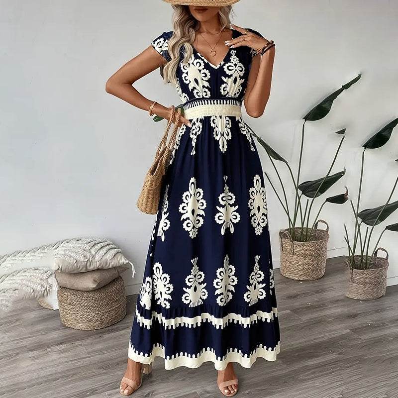 Women's Summer Flowy Maxi Dress Casual Cap Sleeve V Neck Smocked Waist Beach Sundress - EX-STOCK Canada