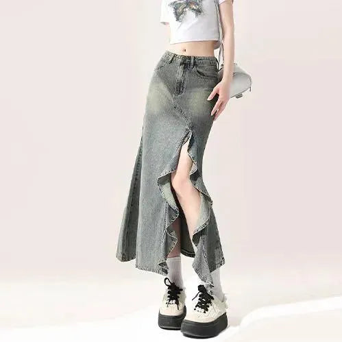 Irregular Half-length Split Denim long Skirt - EX-STOCK CANADA