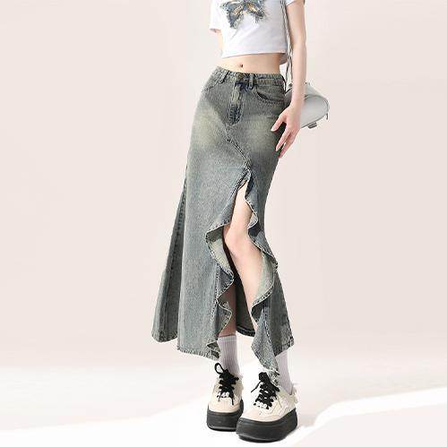 Irregular Half-length Split Denim long Skirt - EX-STOCK Canada