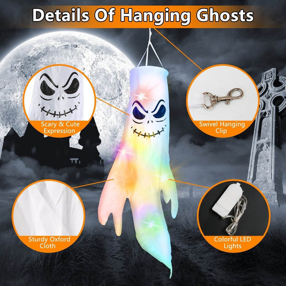 4Pcs Per Set Halloween Ghosts With Witch Hats Windsocks Hanging Decoration With Colorful LED Light Outdoor Flag Wind Socks Halloween Party Decoration For Yard Garden Tree - EX-STOCK Canada