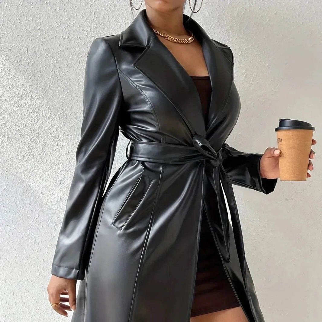 Fashionable Longline leather overcoat Jacket for women - EX-STOCK Canada