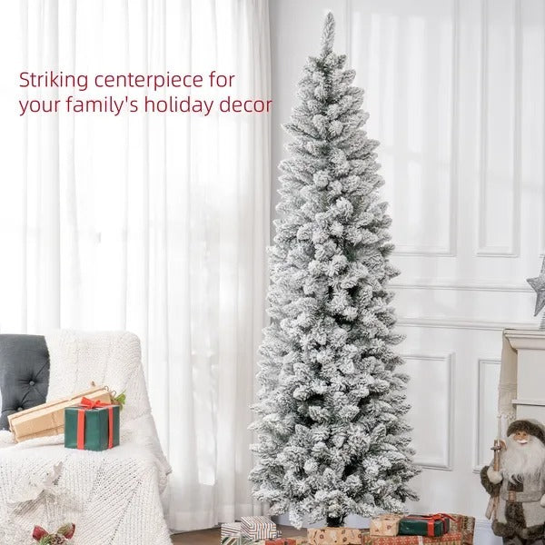 7ft Pencil Christmas Tree, Flocked Tree With 687 Branch Tips And Metal Base For Home, Indoor, Holiday EX-STOCK Canada