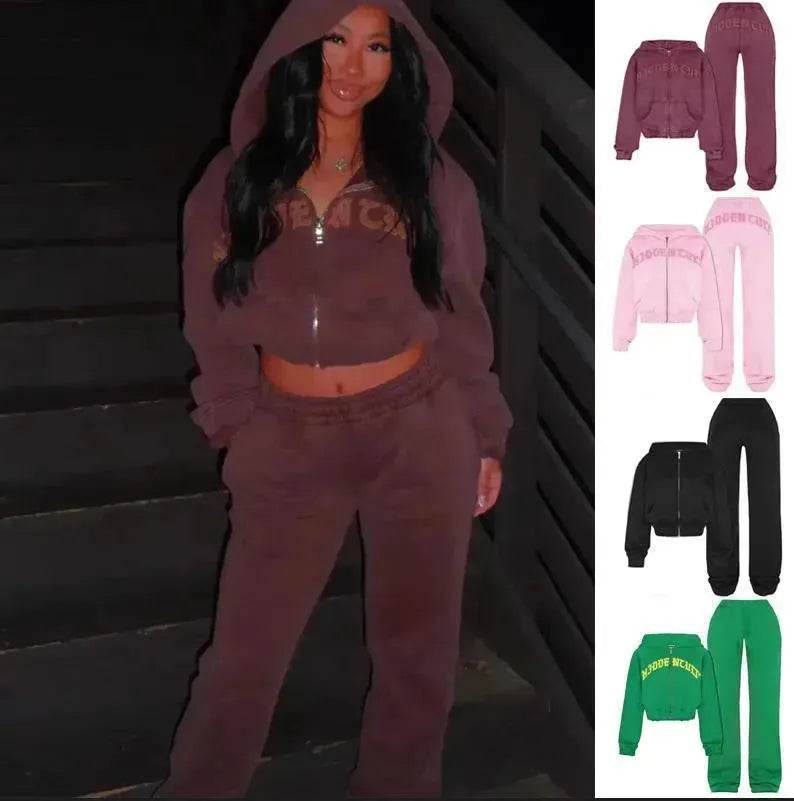 Ins Letter Sports Suit Zip-up Hooded Cropped Sweatshirt jogging pant tracksuit Fashion Womens Clothing Two piece joggers - EX-STOCK CANADA