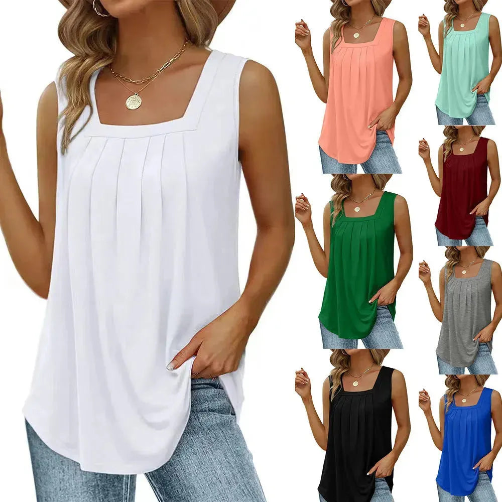 Summer cotton Tops For Women Loose Fit Pleated Square Neck Sleeveless Blouse Tops - EX-STOCK CANADA