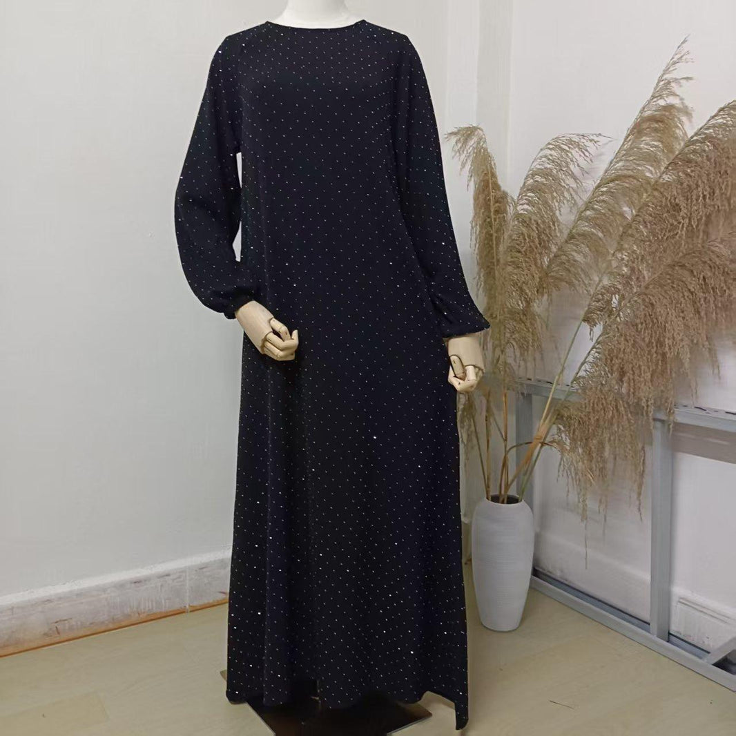 Muslim Rhinestone Dubai Round Neck Pullover Belt Dress - EX-STOCK Canada