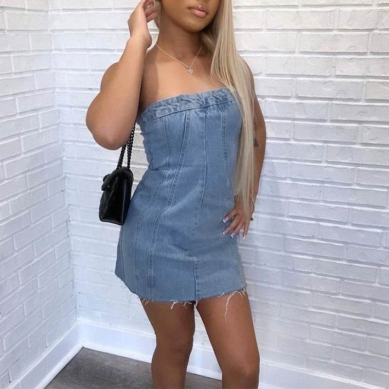 shoes to wear with denim dress Fashion Backless Tube Denim Dress Summer Sexy Y2K Slim Short Dresses