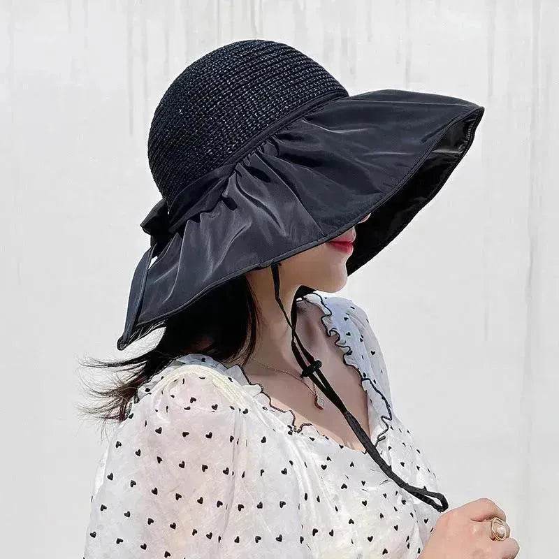 Black Rubber Beach Hat Sun Hat Female Summer Hollow Straw Hat - EX-STOCK Canada