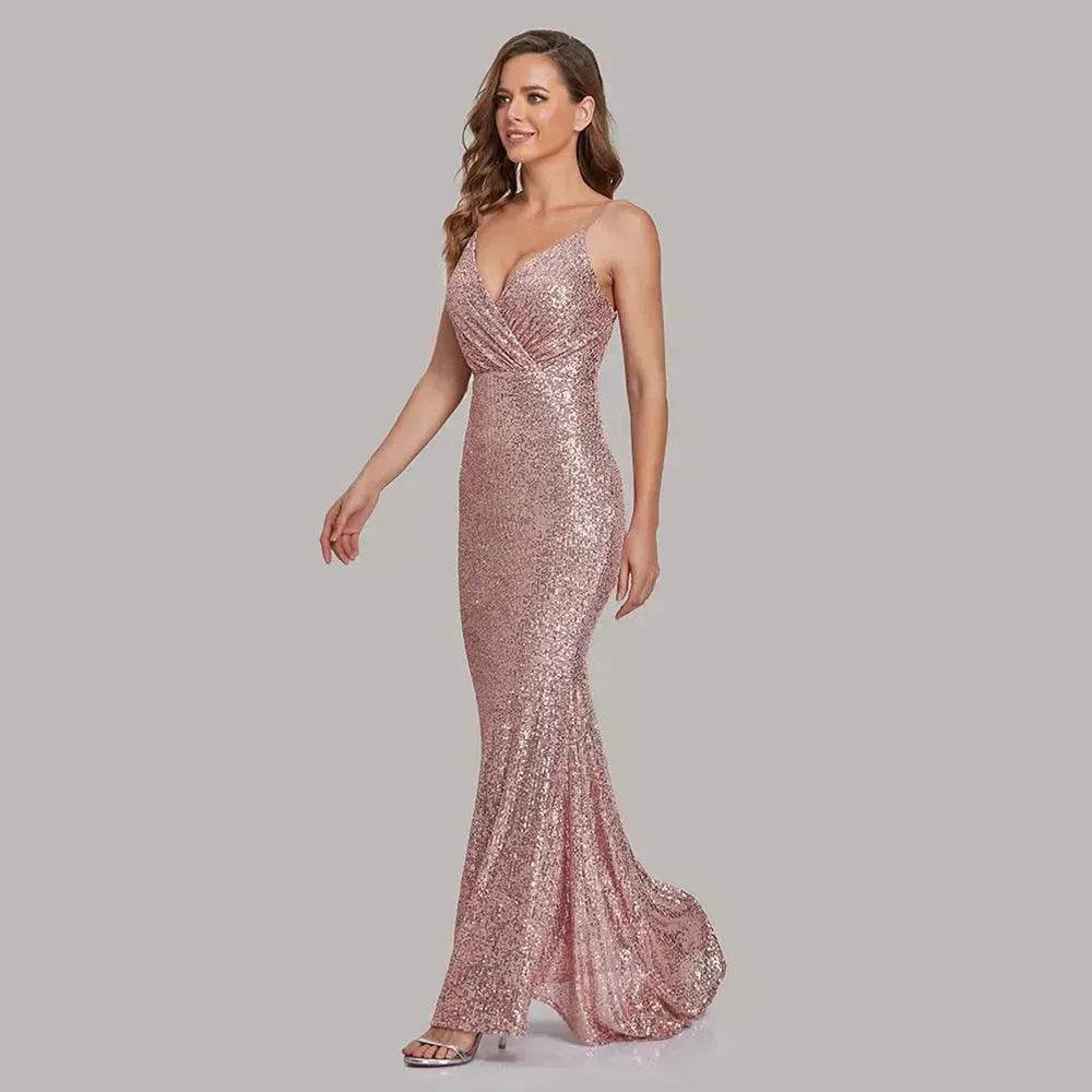 Body Fitted Wedding Bridesmaid Party Sequined Champagne lovely Long Dress - EX-STOCK Canada