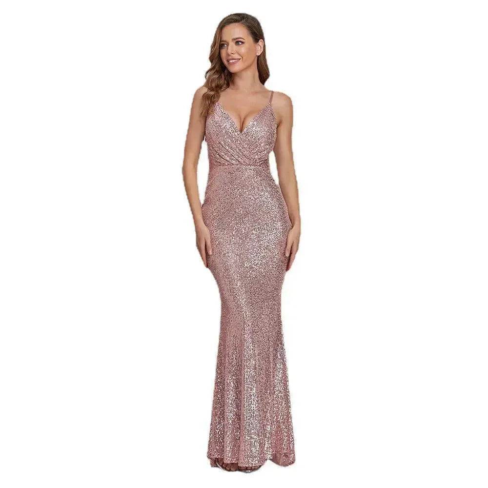 Body Fitted Wedding Bridesmaid Party Sequined Champagne lovely Long Dress - EX-STOCK Canada