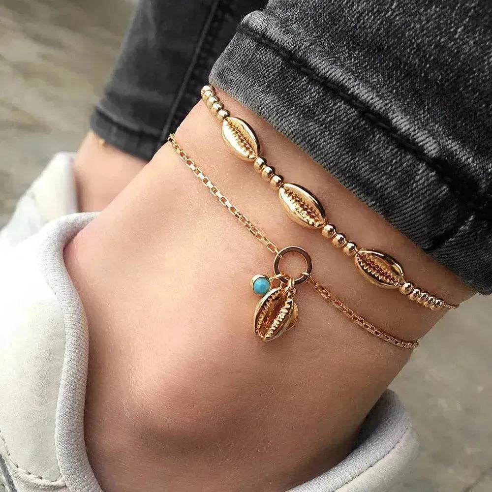 Bohemian Style Handmade Beaded Metal Shell Anklet Personality Double Layer Beach - EX-STOCK Canada