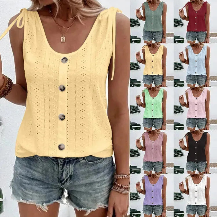 Casual summer U-neck Vest Women Shoulder With Bow Tie Summer blouse top - EX-STOCK CANADA