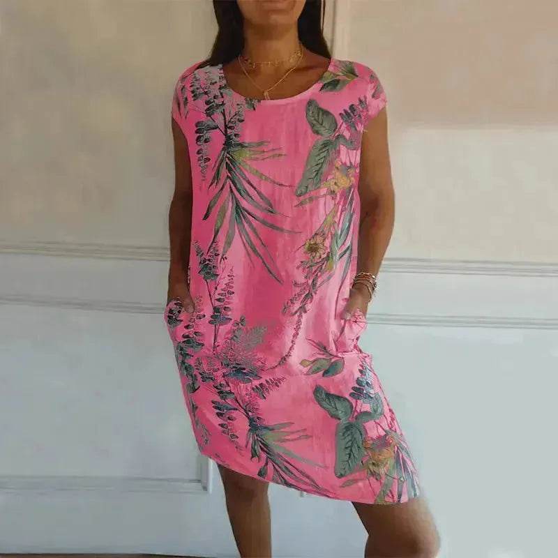 Casual Floral Printed Straight Dress Summer Loose Round Neck Short Sleeve Midi Dresses Womens Clothing - EX-STOCK Canada