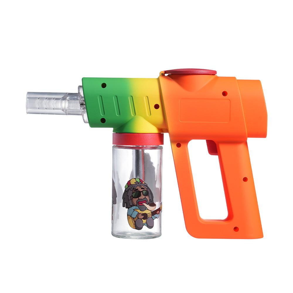 Pistolet jouet coloré avec un canon transparent présentant un design de chien de dessin animé sur fond blanc
