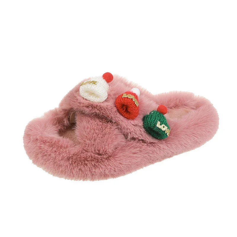 Christmas Hat Fluffy Slippers Women's Warm Toe Covering Cotton Slippers EX-STOCK Canada