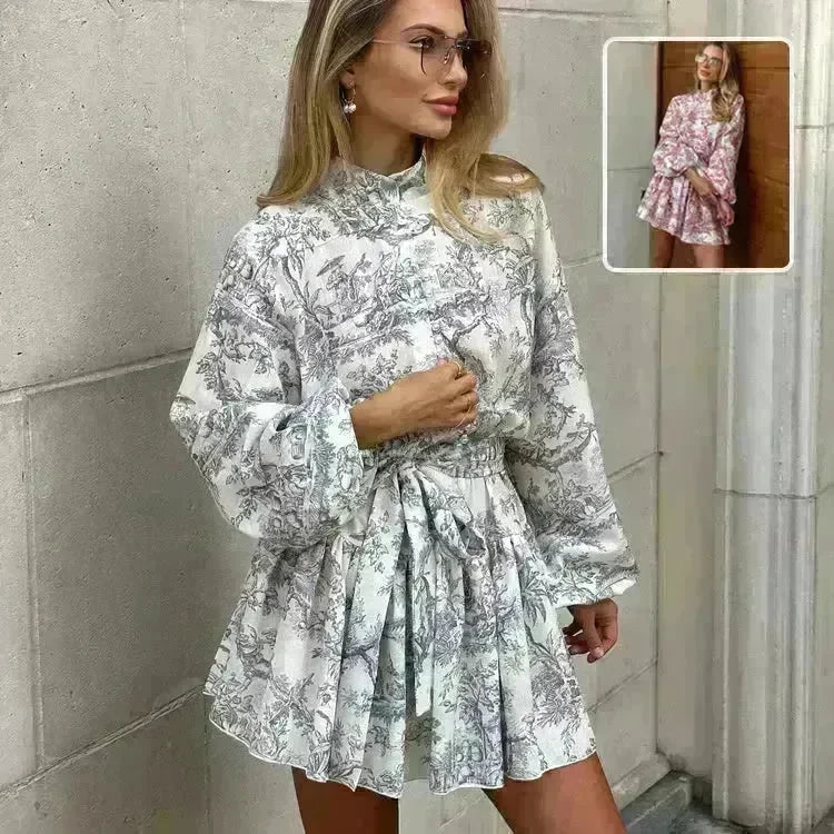Ink Print Long Sleeve Floral Short Mini Skater Dress With Fashion Puffy Sleeve Lapel Tie A-Line Dress Clothing - EX-STOCK CANADA