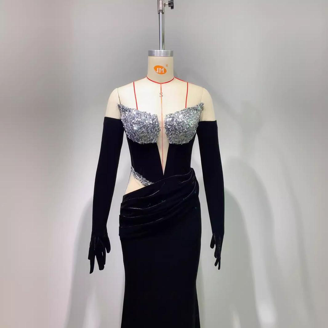 Gloves Hollow-out Low Cut Velvet Tube Top Dress Dinner Party EX-STOCK Canada