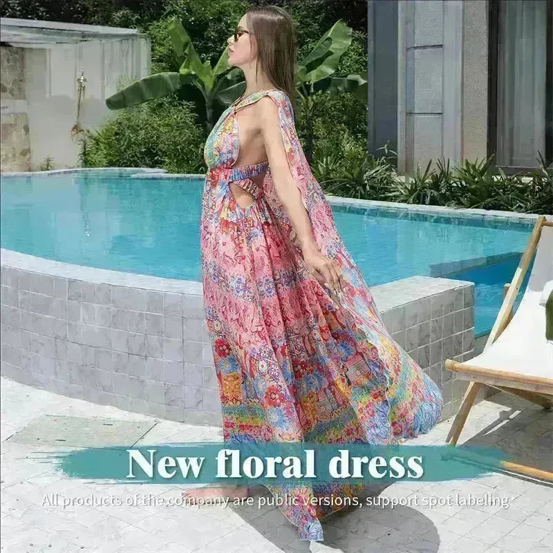 Casual Women's Floral Style Large Hem Cross Open Back Dress - EX-STOCK CANADA