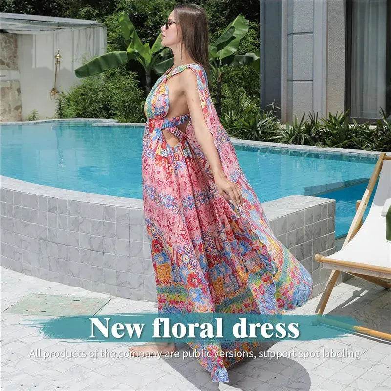 Casual Women's Floral Style Large Hem Cross Open Back Dress - EX-STOCK Canada