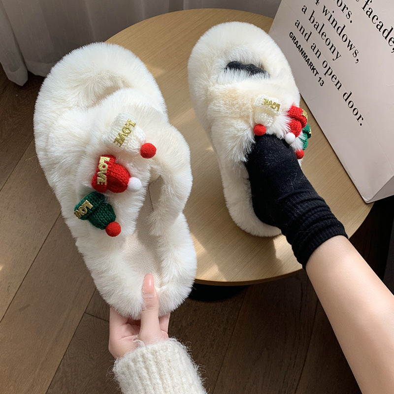 Christmas Hat Fluffy Slippers Women's Warm Toe Covering Cotton Slippers EX-STOCK Canada