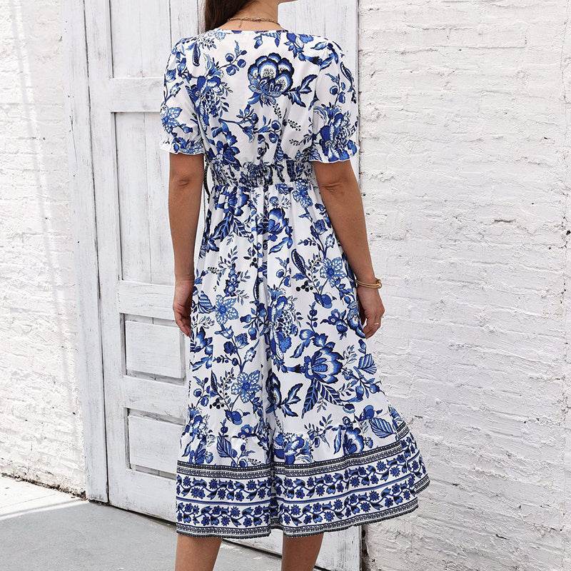 Puff Sleeve dress V Neck Blue Floral Bohemian Midi Dress - EX-STOCK Canada