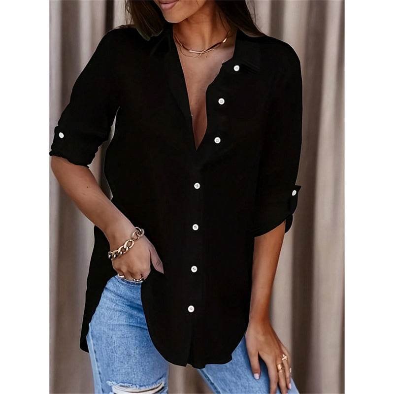 Women's Casual Long Sleeve Button-Down Shirt With Roll-Up Sleeves, Stylish Mid-Length Blouse For Everyday Wear - EX-STOCK Canada