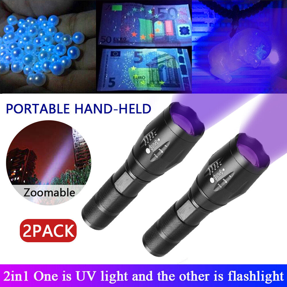 UV Torch Ultra Violet Flashlight Zoomable Blacklight Lamp LED Super Bright 250000lm 2 In 1 395nm Mini Pocket Inspection Light 2 Pack EX-STOCK