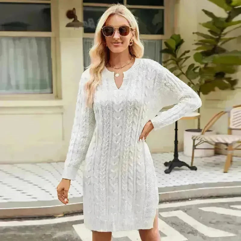 Autumn Winter Slim fit Twisted Split Mini Knitted Wool Sweater Dress - EX-STOCK CANADA