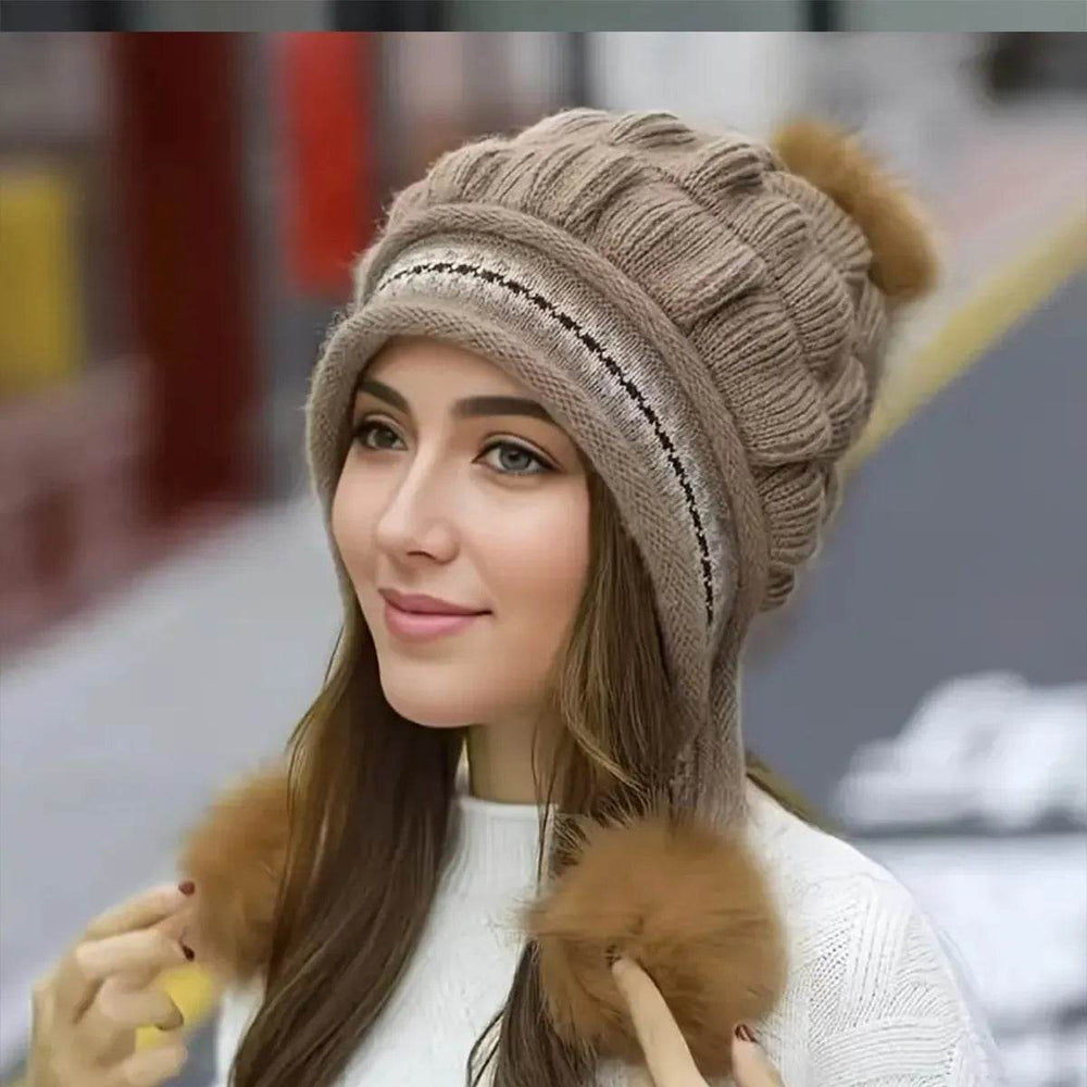 Women Cozy Knit Fleece-Feel Beanie With Ear Flaps Winter Hat Perfect For Skiing & Outdoor Activities - EX-STOCK Canada