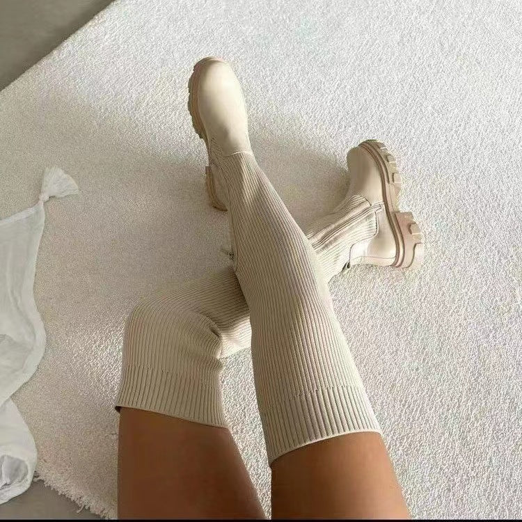 Women's Over-The-Knee Knit Sock Boots — Chunky Heel, Black & Beige, Sizes 35–43