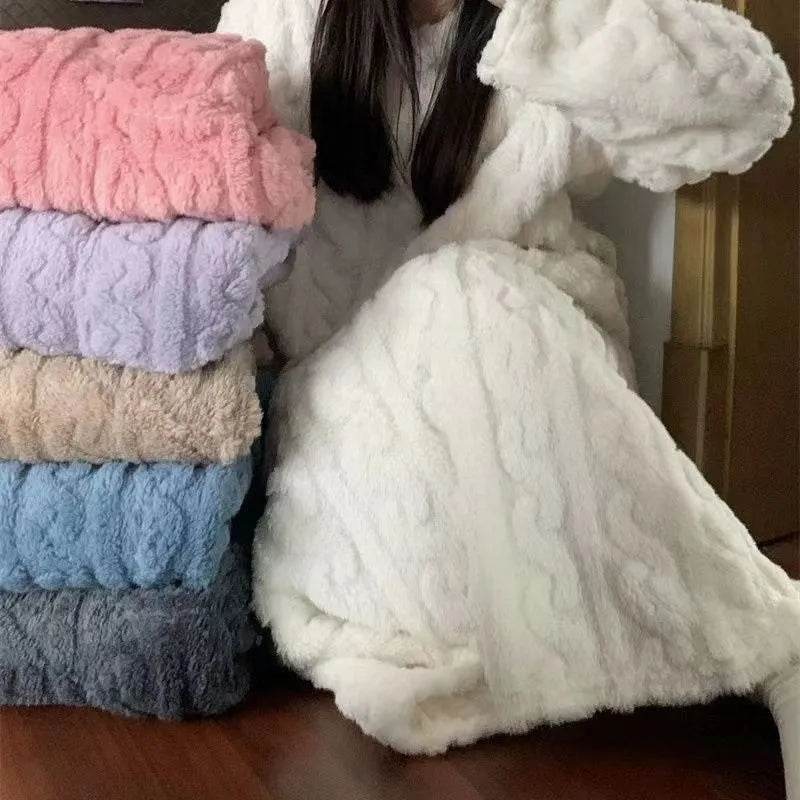 Winter Coral Fleece Sleepwear Women's Nightgown Long Night Dress Pajamas With Pockets Thickened Jacquard Dress Warm Home Clothes - EX-STOCK Canada